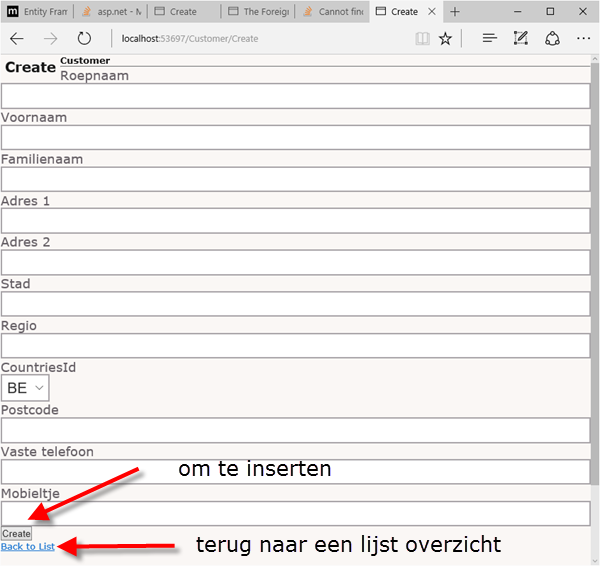 Scoffolding Customer Create View